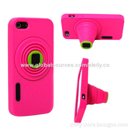 Camera-shaped retractable stand silicone case for iPhone 5, factory supply/good quality